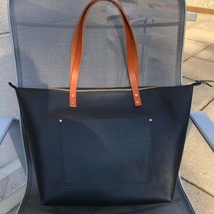 PLG Oversized Zip Tote in Smooth Black Leather with Tan Handles (Pristine!)